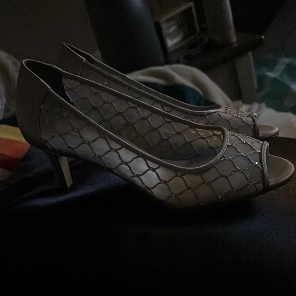 Alex Marie Silver Peep-Toe Heels with Lace Overlay - Picture 2 of 2